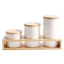 Juego de Potes de Ceramica BL c/Tapa Y Base de Bambu 4PZS 350ML, 650ML, 900ML