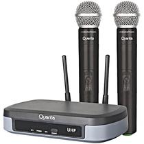 Microfone Sem Fio Dual Quanta QTMWU104 Uhf 60 Metros/Bivolt - Preto/Cinza